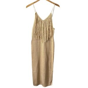 525 America Revolve Womens Tan Fringe Knit Midi Dress Spaghetti Strap Oat Size M
